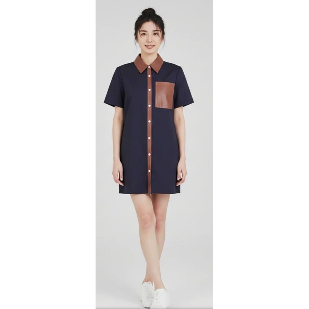 STAUD Navy Blue Switch Mini Dress with Brown Faux Leather Collar and Placket S